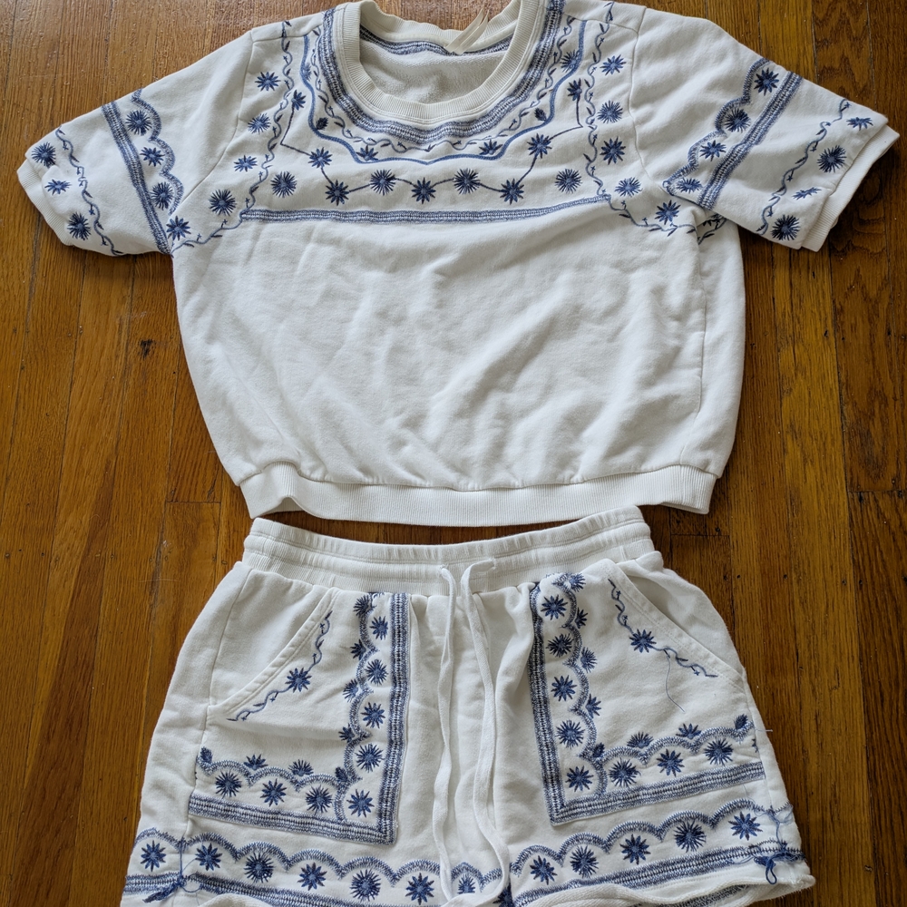 White and Blue Embroidered Two-Piece Set